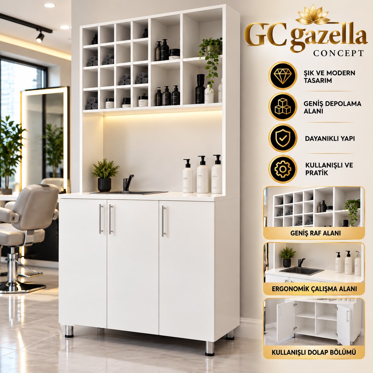 Kuaför Havlu ve Boya Dolabı Beyaz - Gazella Concept